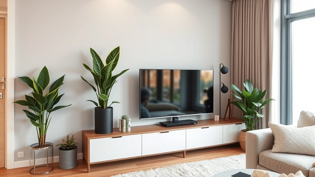 Residential living room interior with Sansevieria displayed on a shelf unit, modern minimalist decor, neutral tones, plant positioned safely away from edges, professional home setting with natural window light