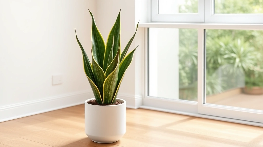 Professional photograph of a tall sansevieria trifasciata plant in a modern white ceramic pot on a wooden floor, natural light from window, minimalist interior design setting, high-resolution, realistic houseplant photography