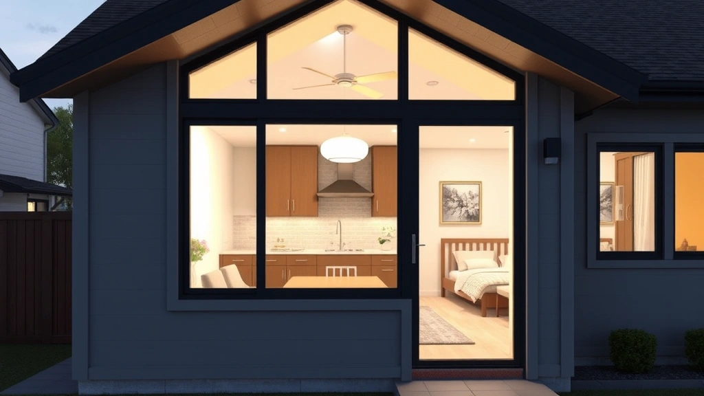 Professional architectural rendering of a modern attached mother-in-law suite with separate entrance, showing kitchen area and bedroom visible through windows, contemporary design with clean lines, natural lighting, suburban residential setting