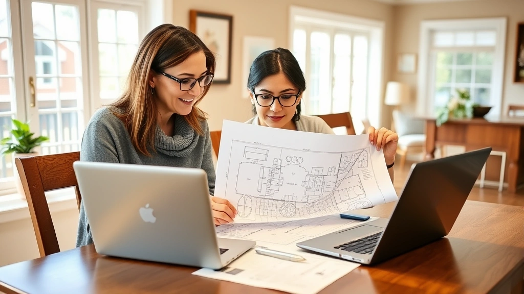 Mature woman and adult daughter reviewing blueprint documents at dining table with laptop, reviewing plans for home addition, warm home office setting with large windows, natural daylight