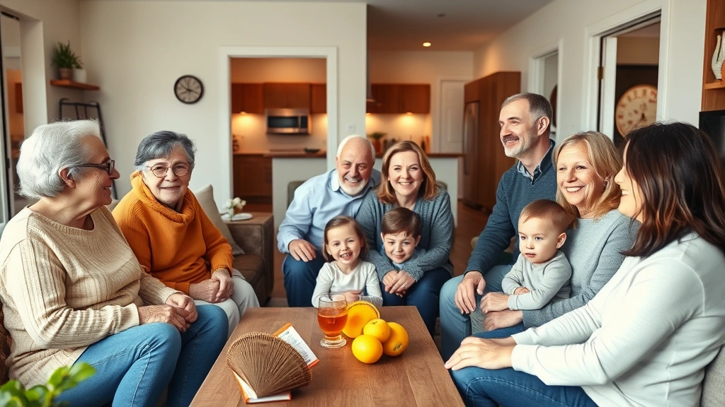 Diverse multi-generational family gathering in comfortable living room, elderly parents with adult children and grandchildren, warm inclusive atmosphere, modern home interior with visible separate entrance in background to ADU
