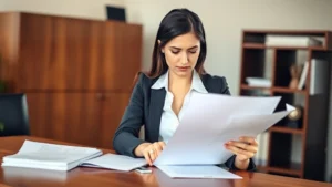 Professional female family law attorney in modern office reviewing documents with serious expression, natural lighting, wooden desk with legal papers
