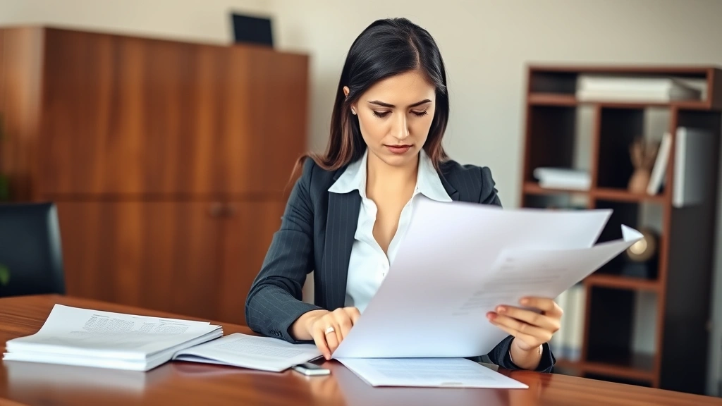 Professional female family law attorney in modern office reviewing documents with serious expression, natural lighting, wooden desk with legal papers