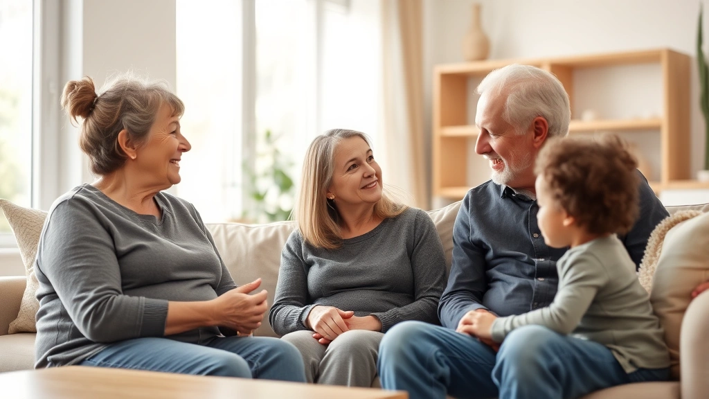 Three-generation family having calm conversation in living room, grandmother sitting with adult child and young grandchild, warm natural lighting, peaceful setting