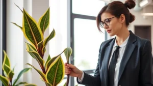 Professional woman in business attire tending to a tall mother-in-law tongue plant with variegated green and yellow leaves in a modern law office environment with natural window light