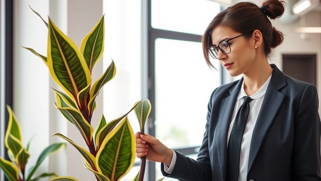 Professional woman in business attire tending to a tall mother-in-law tongue plant with variegated green and yellow leaves in a modern law office environment with natural window light
