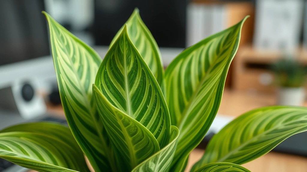 Close-up detail of healthy mother-in-law tongue plant leaves showing crisp variegation and texture, placed on an office desk with professional background blurred