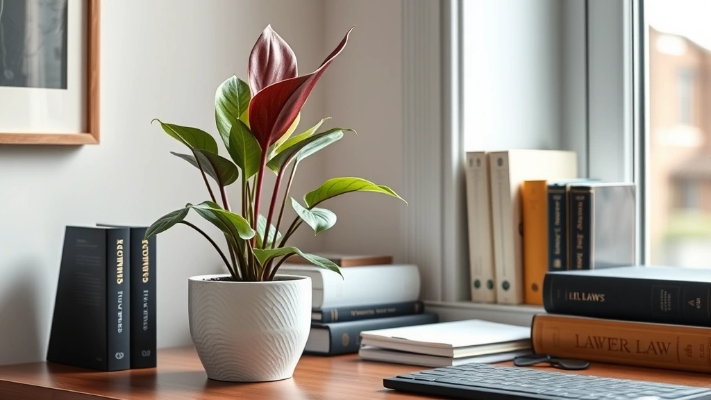 Minimalist home office setup featuring a potted mother-in-law tongue plant in ceramic pot positioned near a window, with law books and professional workspace visible