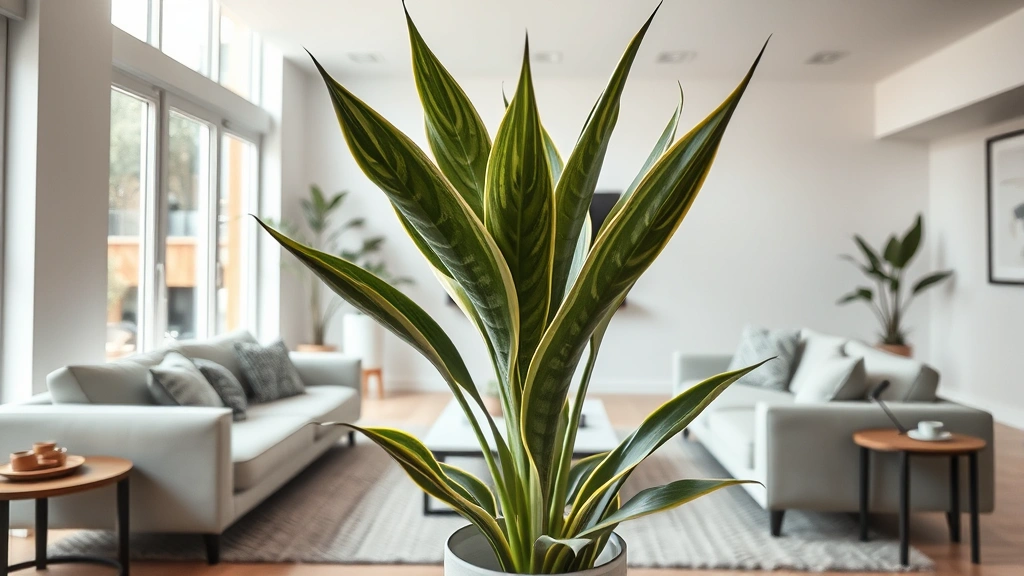 Professional photograph of a thriving Sansevieria trifasciata plant in a modern residential living room with neutral furnishings, natural daylight from large windows, showcasing the plant's distinctive long pointed leaves with variegated patterns, clean minimalist aesthetic, no text or labels visible, high resolution, realistic home interior setting