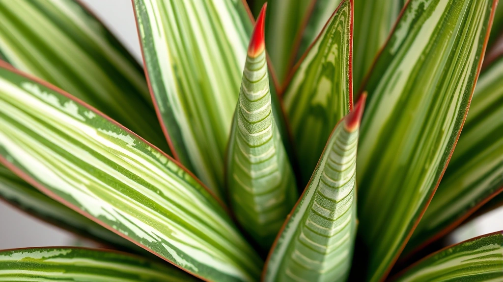 Close-up professional photograph of Sansevieria trifasciata leaves displaying detailed texture and variegated coloring patterns, natural lighting highlighting the pointed leaf tips and structural characteristics, botanical detail photography style, no text or signage, suitable for property and real estate documentation purposes