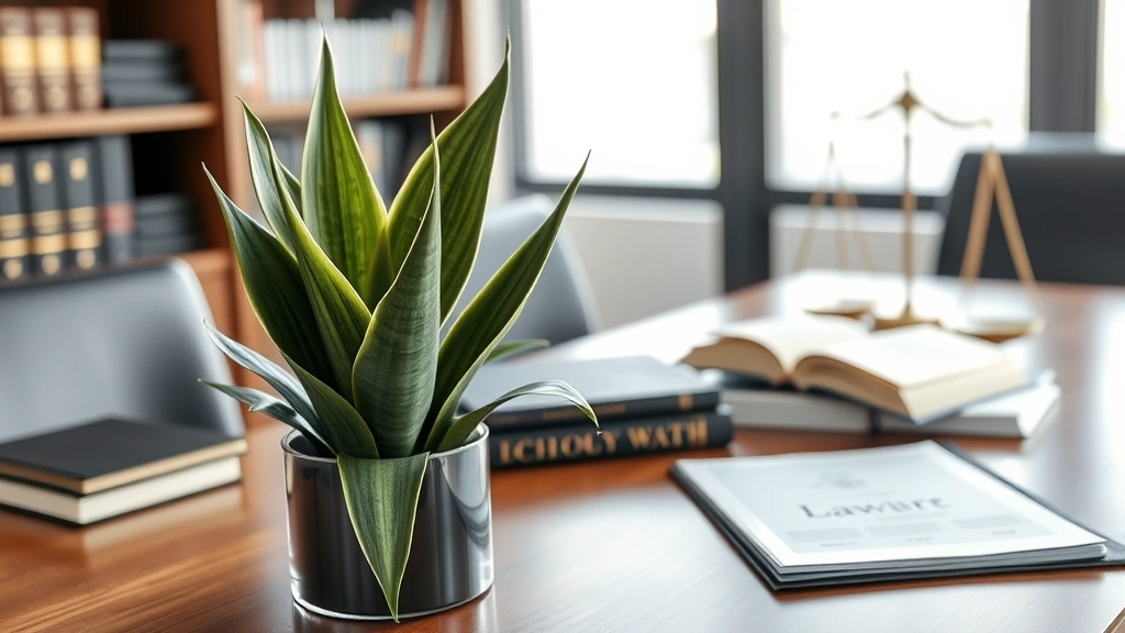 Professional photograph of a legal office setting with a Sansevieria trifasciata plant placed on a wooden desk beside law books and documents, professional business environment, natural lighting, realistic office decor, no visible text on documents or books, authoritative legal workspace aesthetic