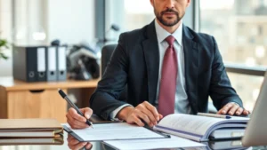 Professional motorcycle accident lawyer in modern office with legal documents and case files on desk, natural lighting, serious focused expression, wearing business suit