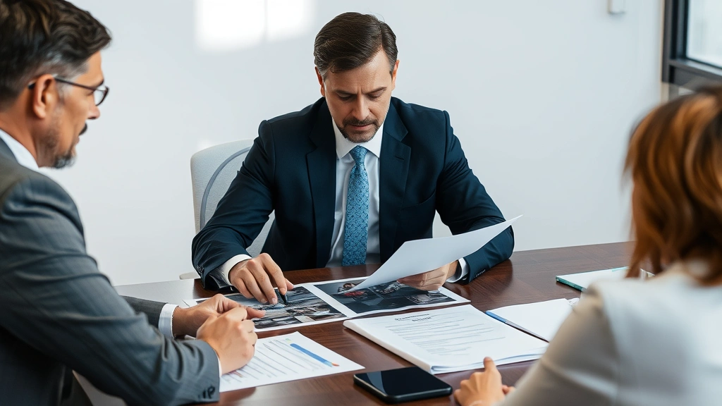 Experienced attorney reviewing accident scene photographs and evidence documents at conference table with motorcycle accident victim consulting, professional office environment