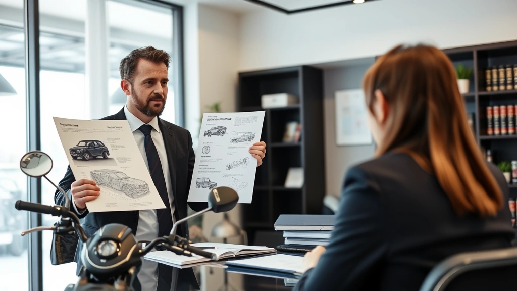 Motorcycle lawyer presenting case evidence and accident reconstruction diagrams to client, modern law office interior, collaborative professional setting with legal materials visible
