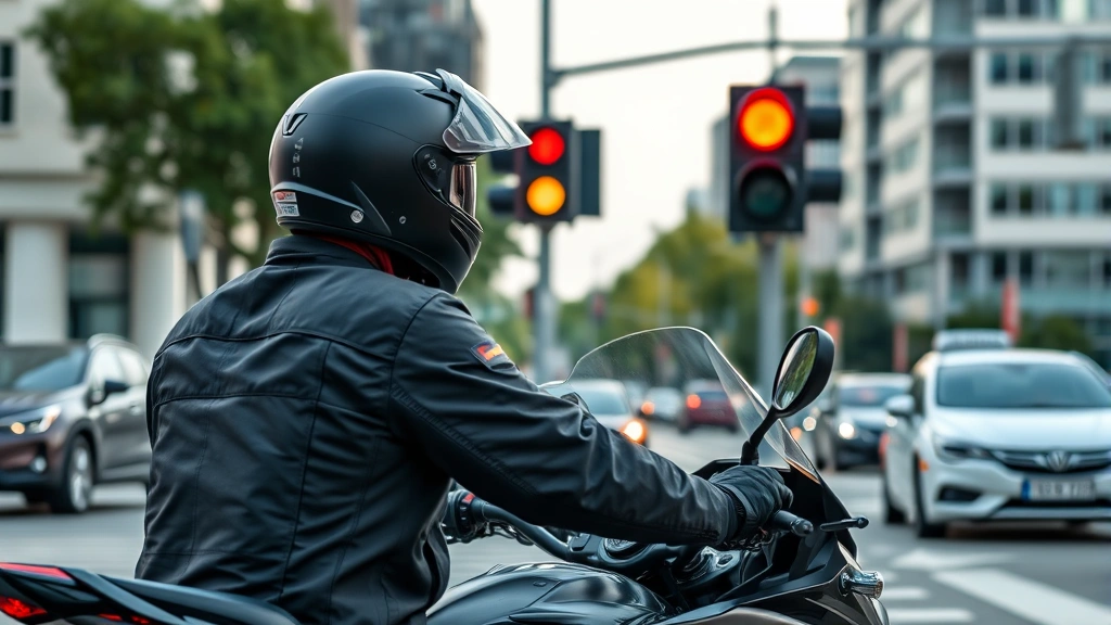 Professional motorcycle rider stopped at red traffic light in urban intersection, wearing safety gear, clear daytime lighting, focused expression showing compliance and awareness