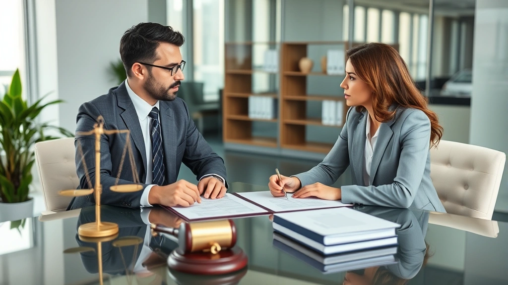 Professional legal consultation between attorney and client in modern office setting, discussing case files and legal documents on desk, serious professional atmosphere