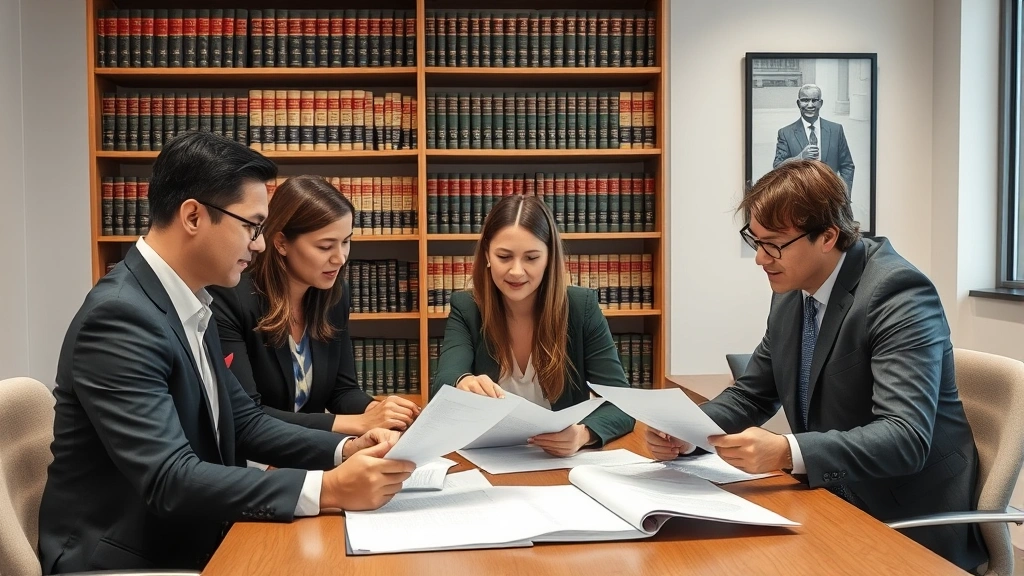 Legal team reviewing documents in conference room with law books visible on shelves, multiple professionals analyzing paperwork together, collaborative legal research environment