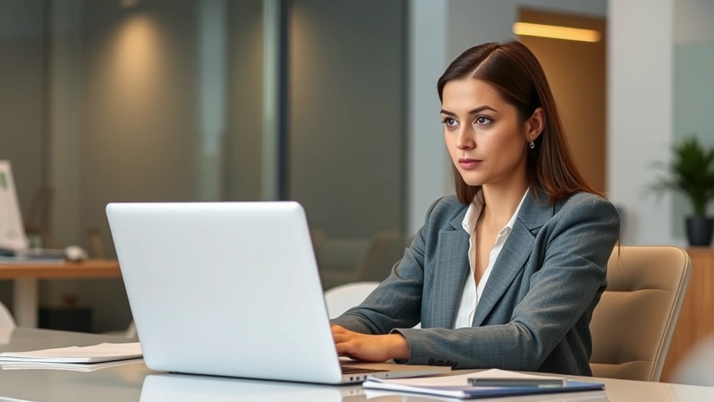 Professional woman sitting at desk with laptop looking serious and concentrated, modern office environment with soft lighting, documents visible but not readable, neutral color palette