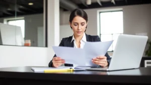 Professional woman sitting at desk reviewing legal documents and taking notes, serious focused expression, modern office setting with laptop, neutral color palette, natural lighting from window