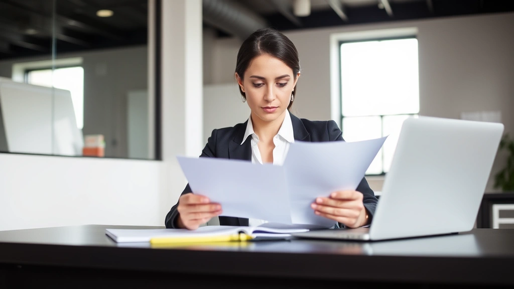 Professional woman sitting at desk reviewing legal documents and taking notes, serious focused expression, modern office setting with laptop, neutral color palette, natural lighting from window