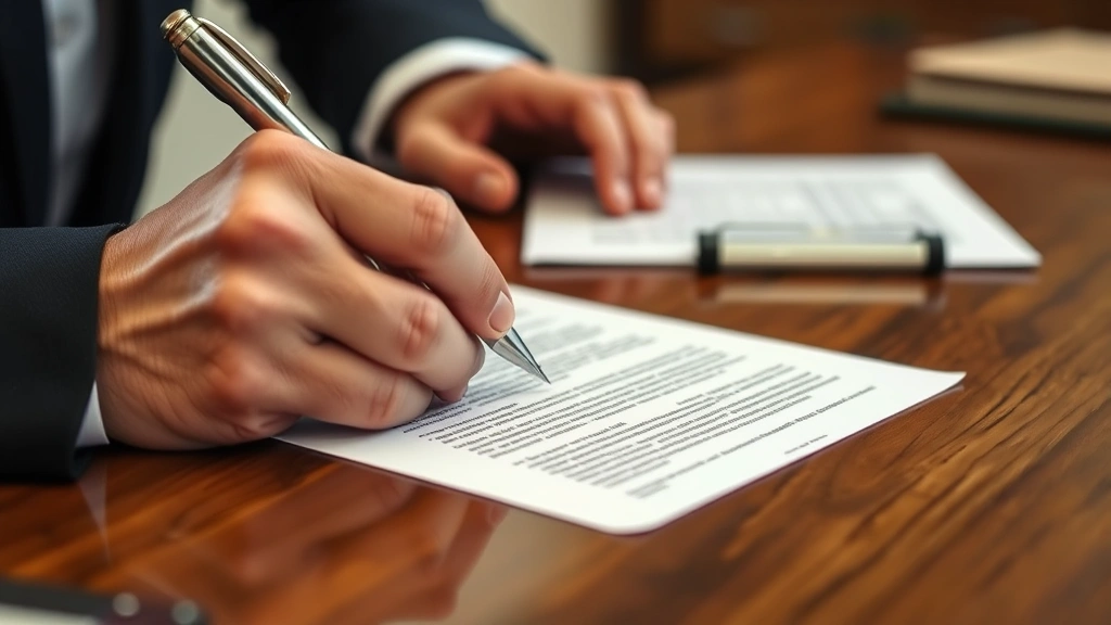 Close-up of person's hands writing or signing documents with pen at wooden desk, legal paperwork visible but text not legible, professional setting with blurred background