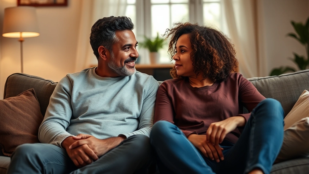 Diverse couple sitting together on couch having calm discussion, natural home setting with warm lighting, both appearing engaged and respectful, comfortable body language