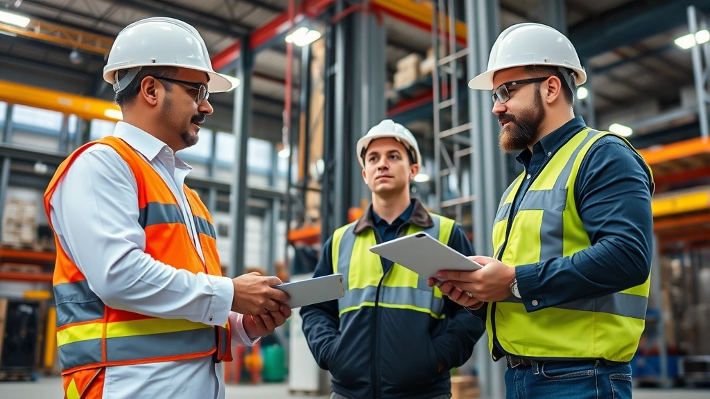 Workplace safety inspector reviewing safety equipment and protocols with facility manager, examining fall protection systems and emergency procedures in industrial setting, professional attire