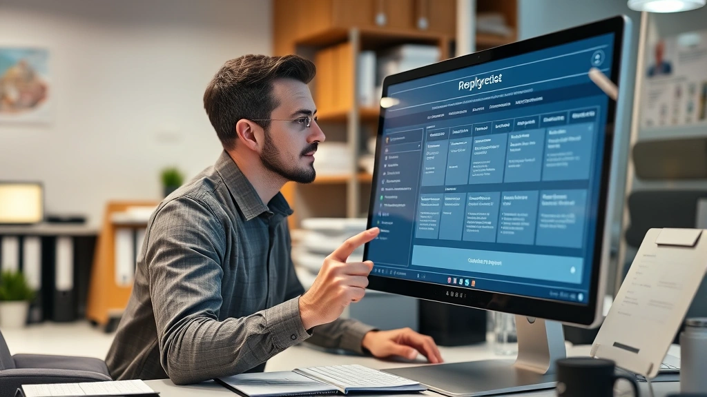 Business owner reviewing digital compliance documentation on computer screen, managing electronic inspection records and corrective action timelines, organized office environment with regulatory materials