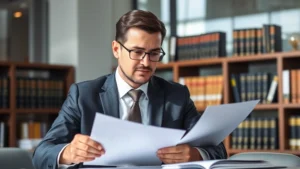 Professional attorney in business suit reviewing legal documents in modern law office with law books visible in background, natural lighting, focused expression