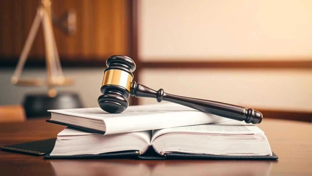 Gavel resting on law books in courtroom setting with professional legal environment, wooden desk, neutral background, official court atmosphere