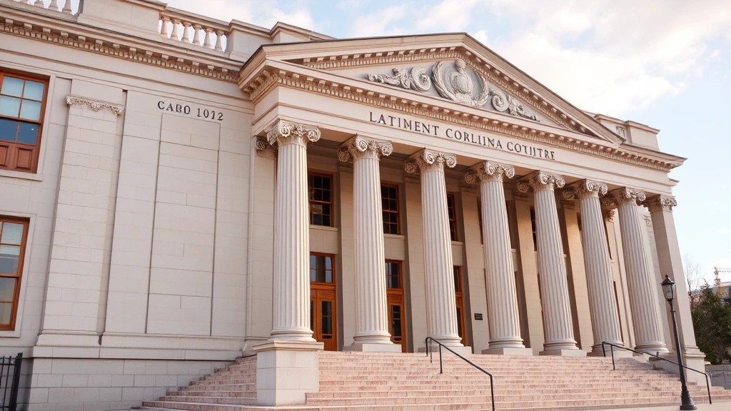 North Carolina state courthouse exterior with classical architecture, professional government building, clear daytime lighting, authoritative legal setting