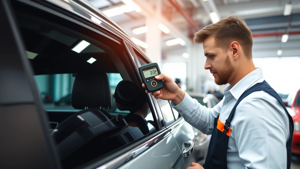 Professional auto shop technician using portable light transmission meter to measure window tint darkness on a sedan, digital readout visible, modern facility background, daytime natural lighting