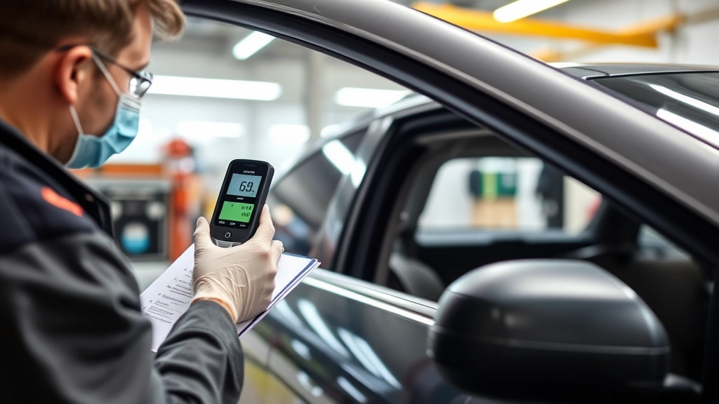 Vehicle undergoing inspection with technician holding light meter to driver-side window, checklist visible, professional auto inspection station, fluorescent lighting, focused measurement