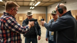 Professional firearms instructor conducting safety training with adult students at an indoor shooting range, demonstrating proper handgun grip and stance, professional lighting, realistic detail