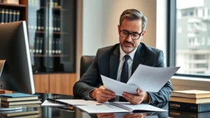Professional attorney reviewing legal documents at modern office desk with computer, law books, and California state seal visible, focused expression, natural lighting from window