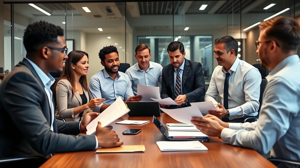 Diverse team in corporate conference room reviewing compliance documents and discussing new regulations, professional attire, collaborative atmosphere, modern office setting