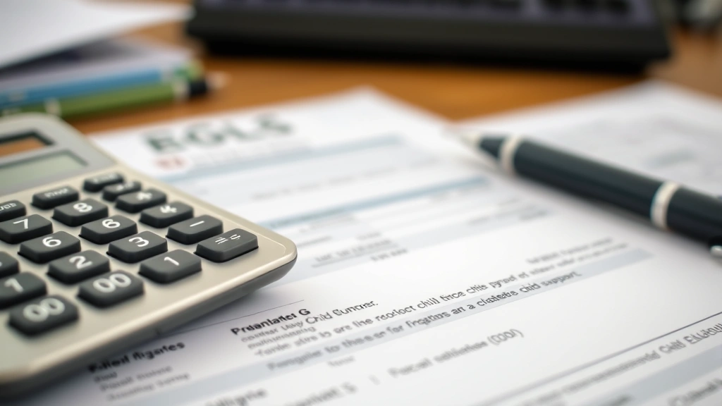 Close-up of calculator, pen, and financial documents on desk with blurred background, representing income calculation and financial planning for child support obligations