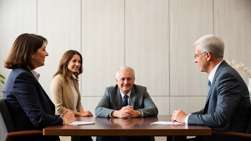 Diverse professional mediator or judge in formal setting with two parents on either side maintaining respectful distance, neutral background, representing fair child support determination process