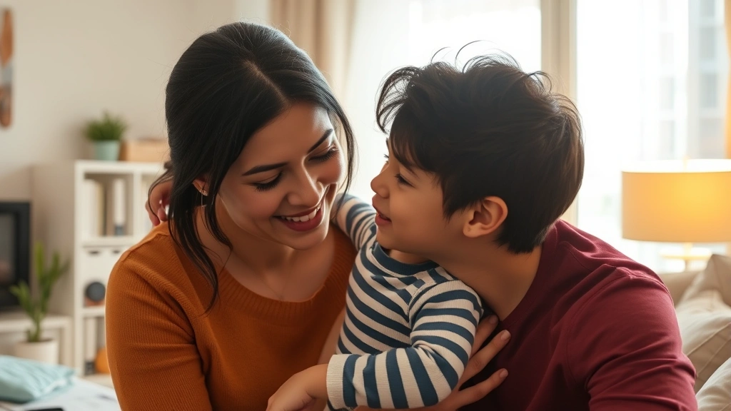 Parent and child in supportive moment, warm lighting, showing emotional connection and family bond in home environment