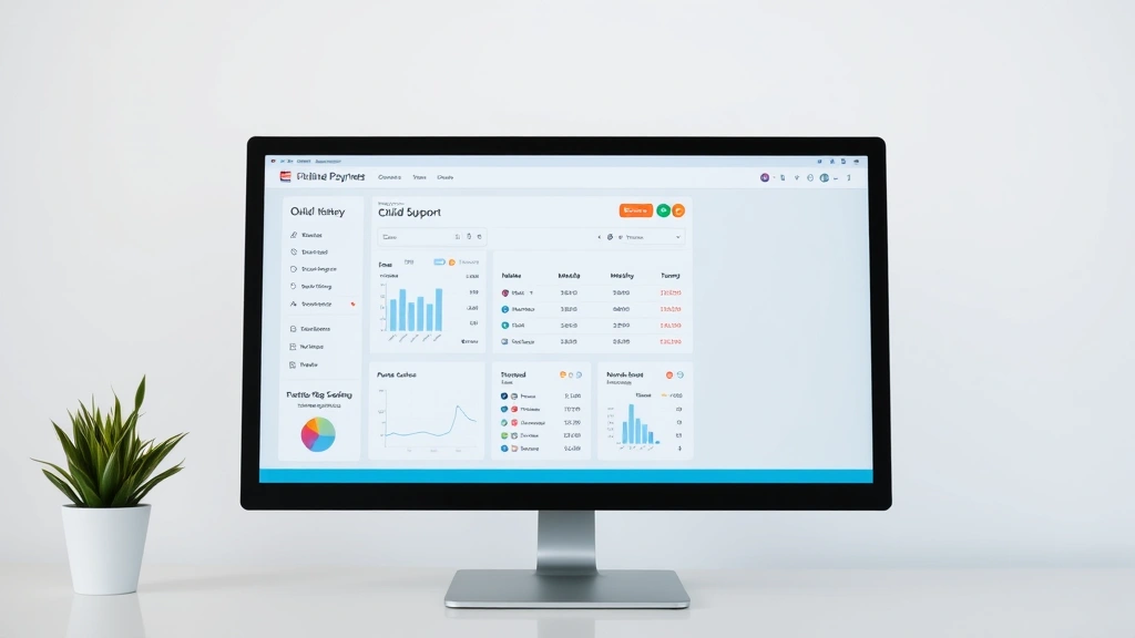 Modern computer screen displaying child support payment portal with charts and transaction history, professional digital interface