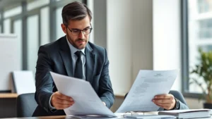 Professional father in business attire reviewing financial documents and child support calculations with family law attorney in modern office environment, serious focused expression