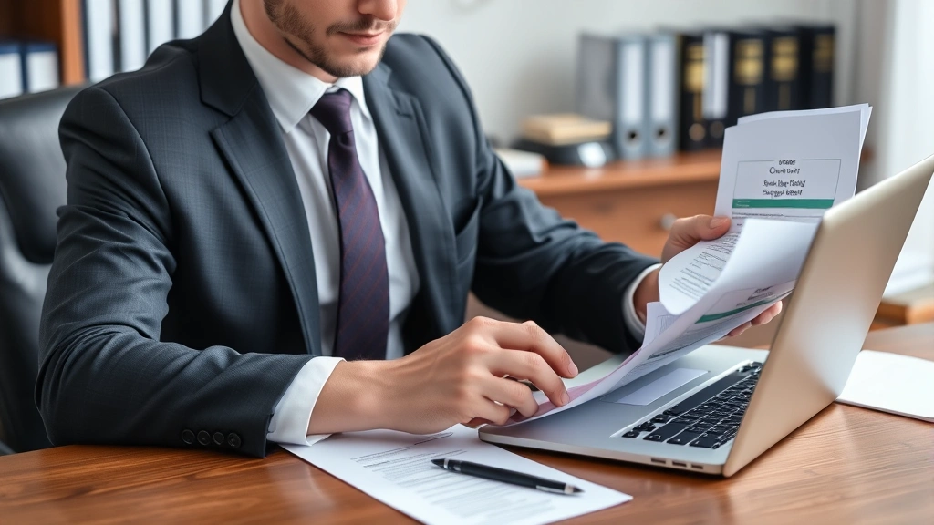 Male attorney in suit examining child custody and support papers at wooden desk with laptop, professional office background with law books and legal files