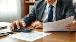 Professional family law attorney reviewing documents at desk with calculator and financial statements, natural office lighting, serious professional demeanor, paperwork visible but not legible