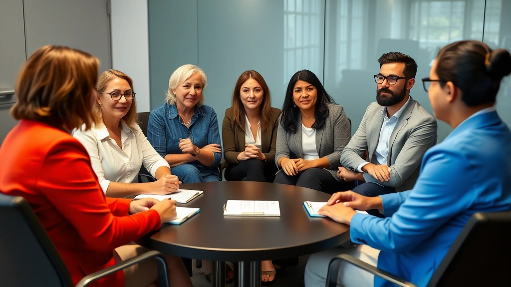 Diverse group of parents in mediation session with neutral facilitator, seated around conference table with notepads, focused discussion environment, professional business casual attire