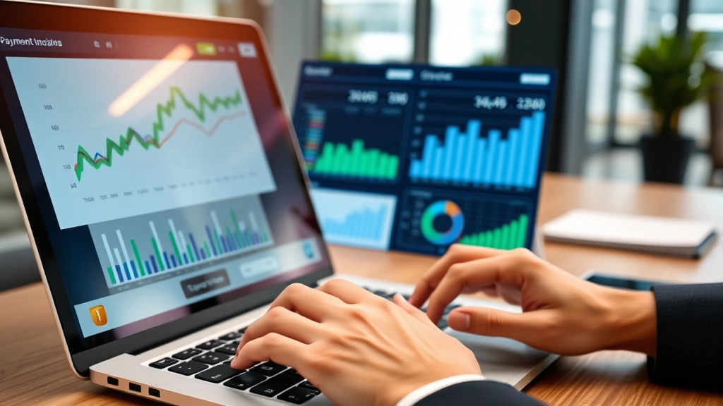 Hands typing on laptop keyboard with financial charts and graphs displayed on monitor, representing digital payment systems and income documentation, modern office setting with professional appearance