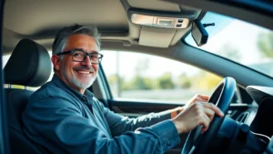 Professional senior male driver with gray hair and glasses sitting in driver's seat of car, smiling confidently, hands on steering wheel in bright daylight, clean modern vehicle interior