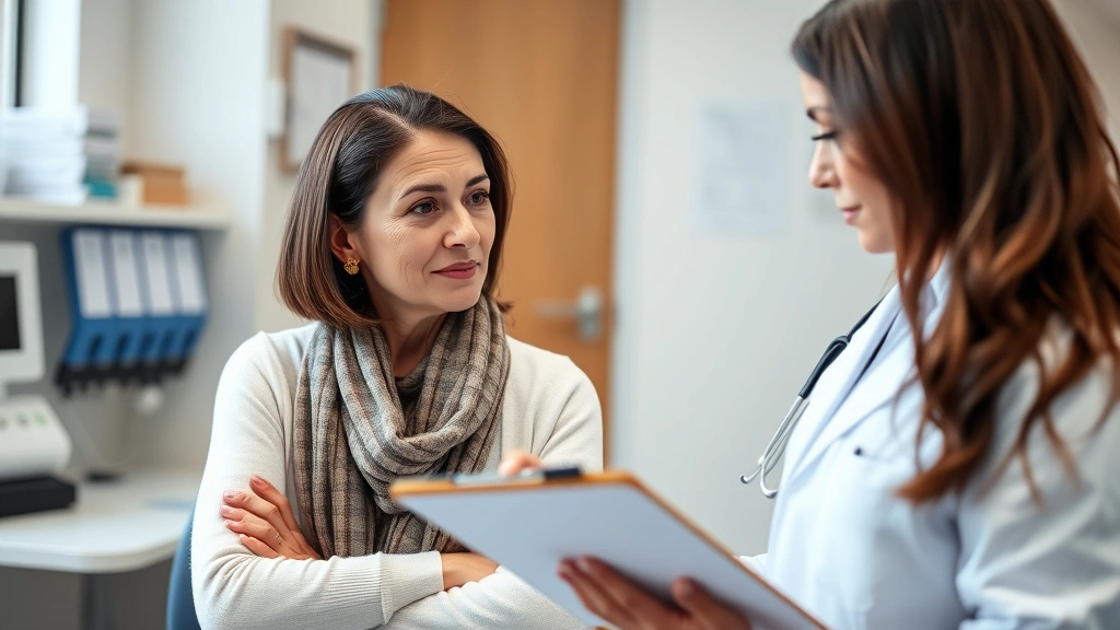 Mature female patient in medical office with female physician in white coat reviewing documents on clipboard, serious professional setting, good lighting, clinical environment