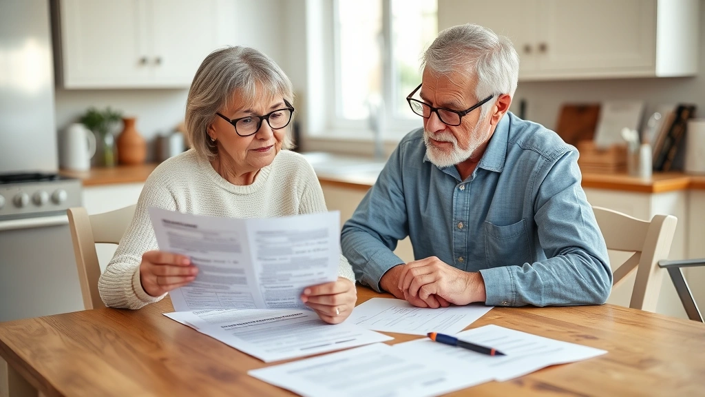 Senior couple reviewing official licensing documents at kitchen table with eyeglasses and pen, organized paperwork spread out, natural home lighting, focused expressions