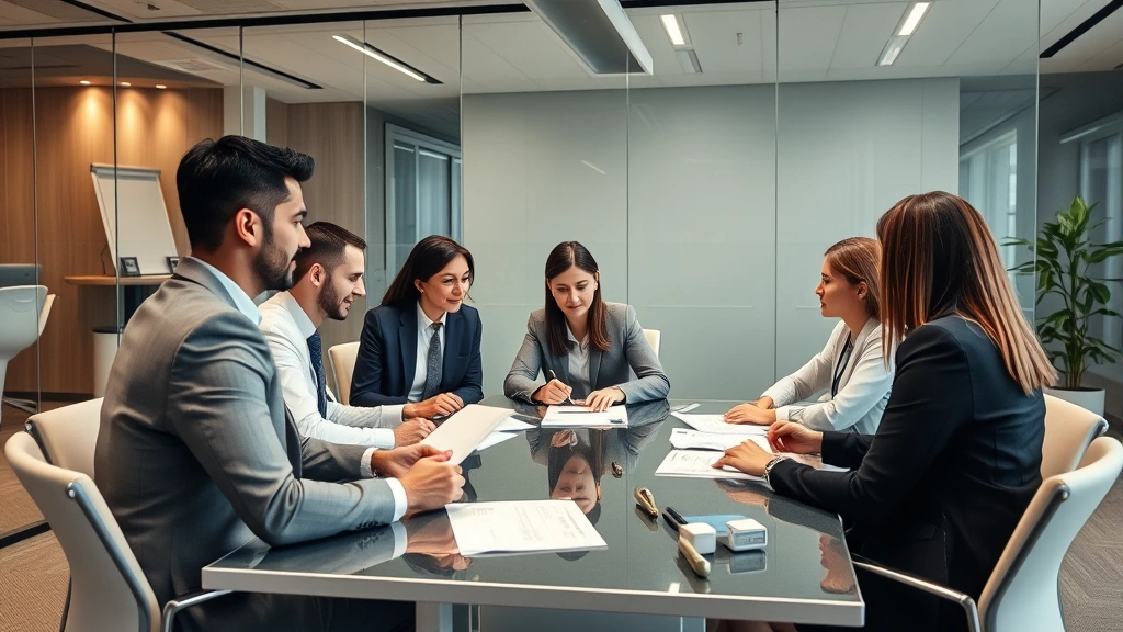 Business professionals in conference room discussing legal compliance documents and contracts, diverse team, collaborative atmosphere, modern corporate office setting