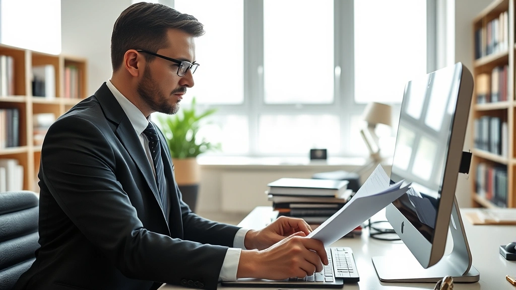 Professional lawyer in modern office reviewing documents on computer, wearing business attire, focused expression, natural lighting through windows, contemporary workspace with bookshelves